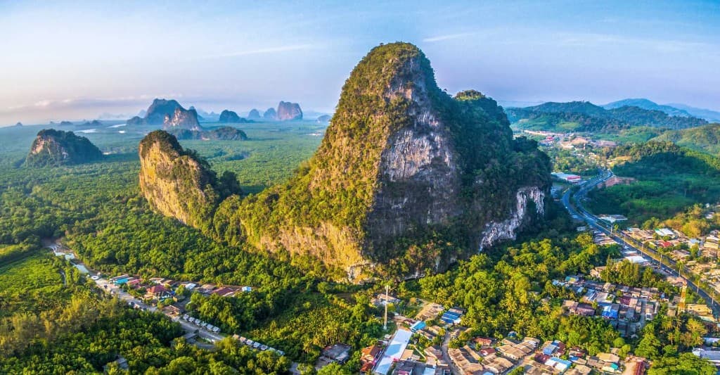 Aerial landscape of Phang Nga town and limestone hills